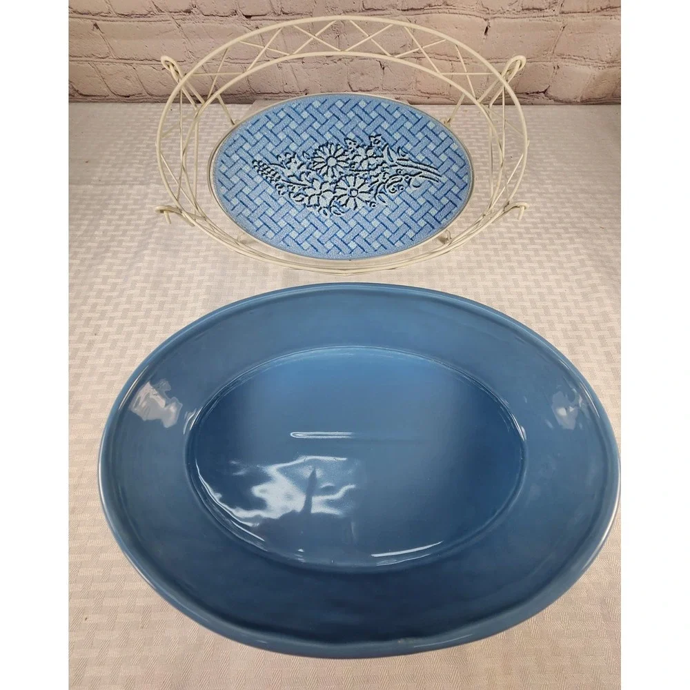 Temptations Blue Bouquet 2 Quart Oval Serving Bowl + Trivit & Carrying Retired